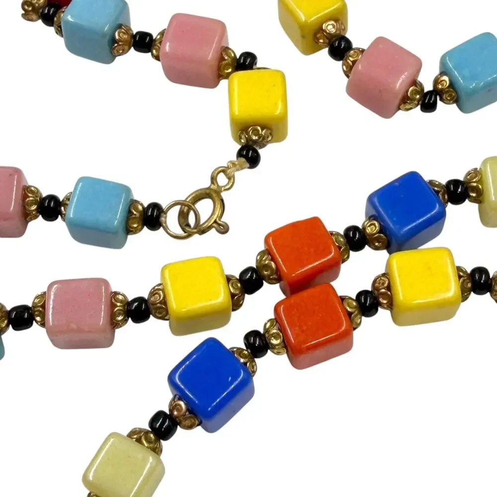 Vintage Czech Glass Cube Bead Harlequin Long Strand Art Deco Rainbow Necklace